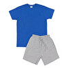 T-shirt bleu, pantalon gris