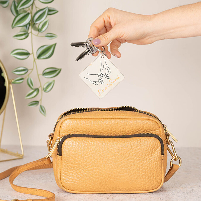 Personalised square shaped wooden keyring