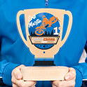Trofeo de metacrilato copa personalizado con base madera