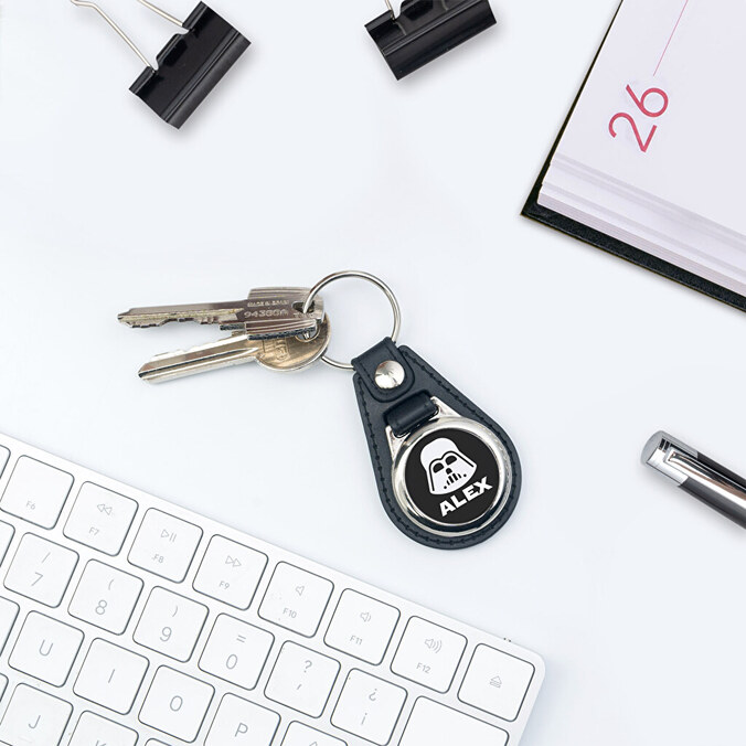 Personalizowany, metalowy brelok do kluczy okrągły, skóropodobny