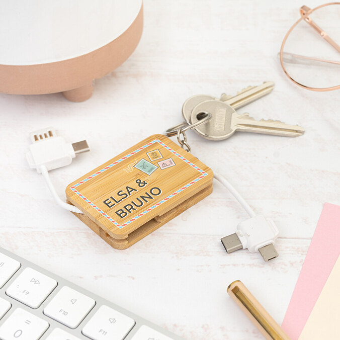 Personalised bamboo key ring charger