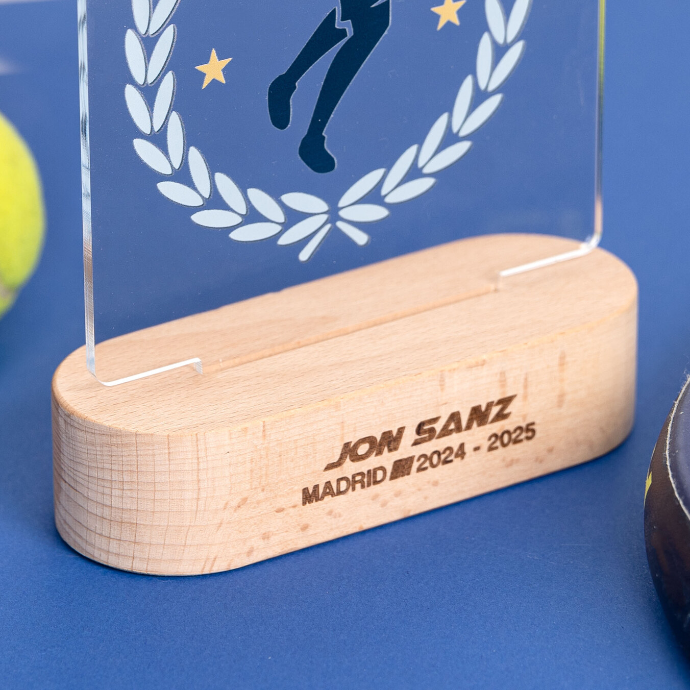 Personalised acrylic trophy with wooden base