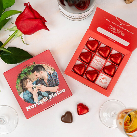 Personalised box with heart-shaped chocolates