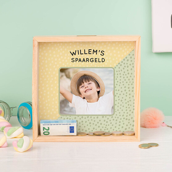 Gepersonaliseerde houten spaarpot Gepersonaliseerde houten spaarpot