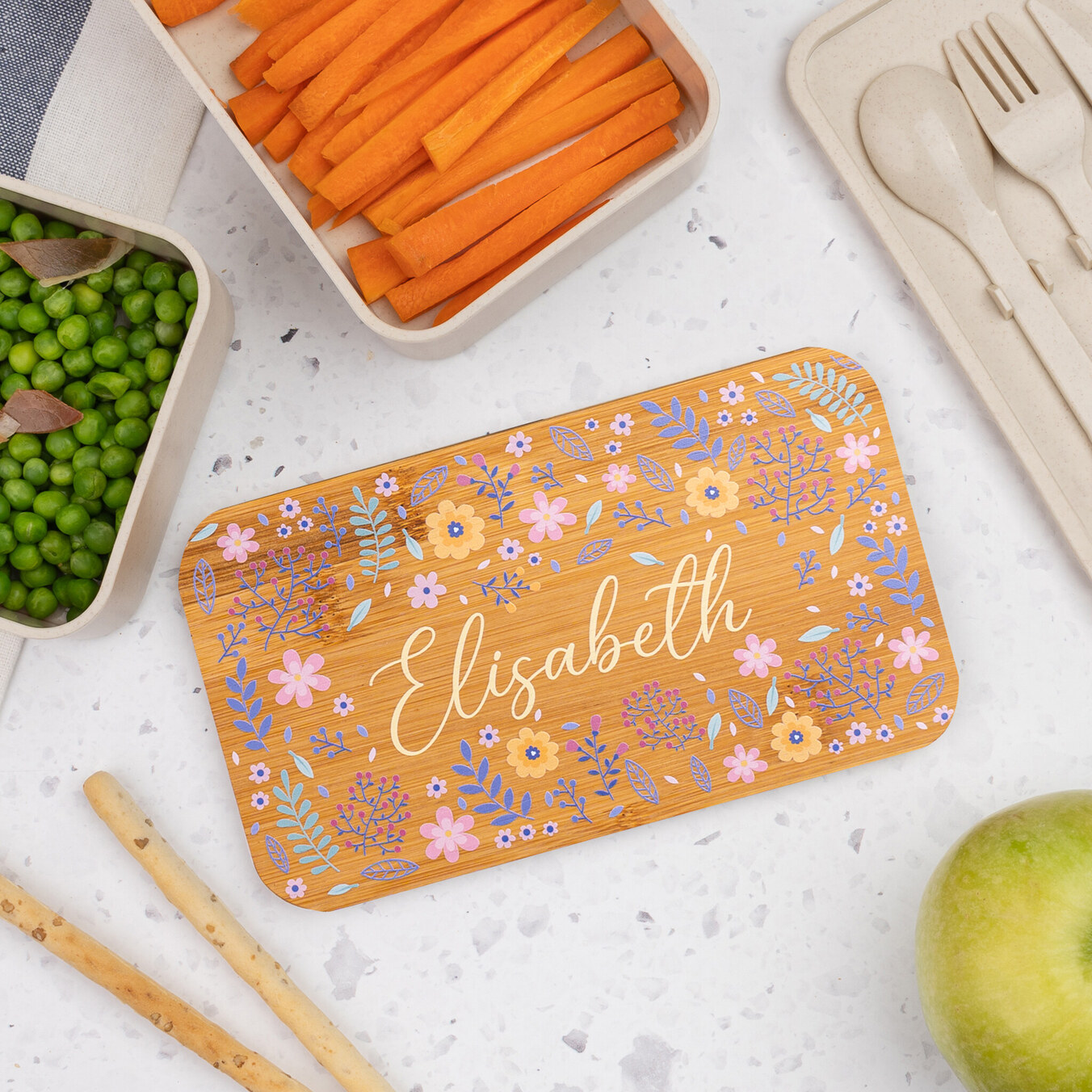 Personalizowany plastikowy lunchbox z bambusową pokrywką, dwupoziomowy