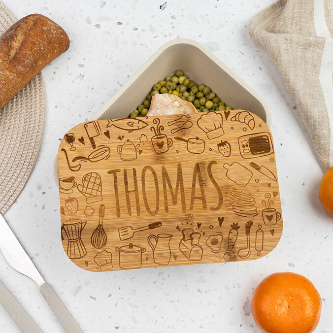 Tupper de plástico personalizado con tapa de bambú