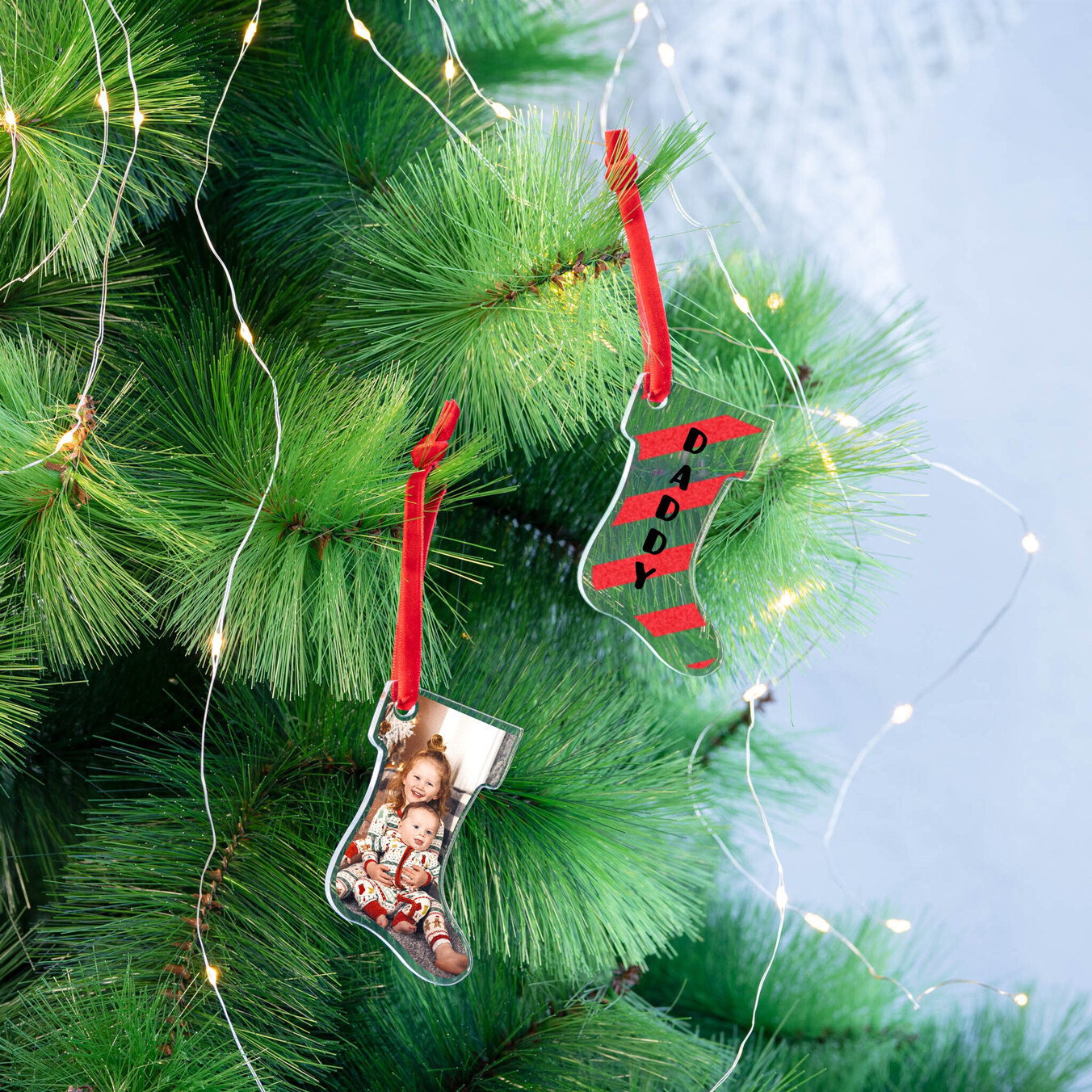 Gepersonaliseerd methacrylaat kerstornament in de vorm van een laars