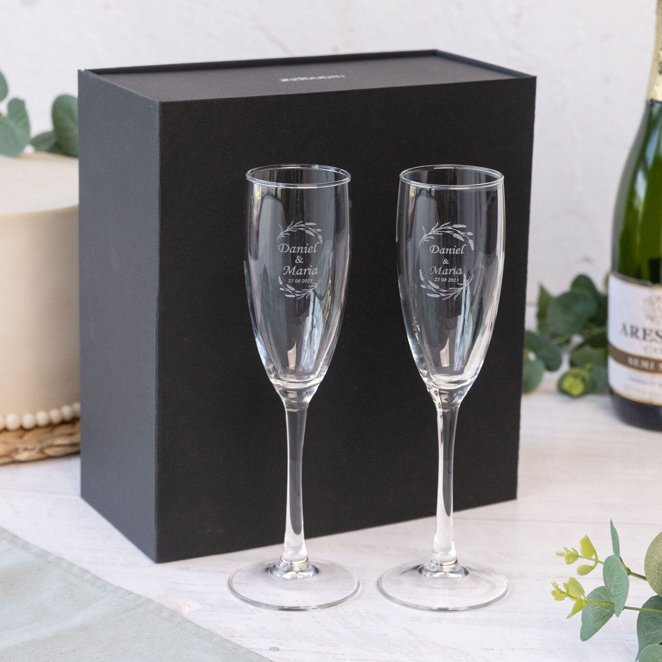 Set van 2 gepersonaliseerde champagneglazen met etui