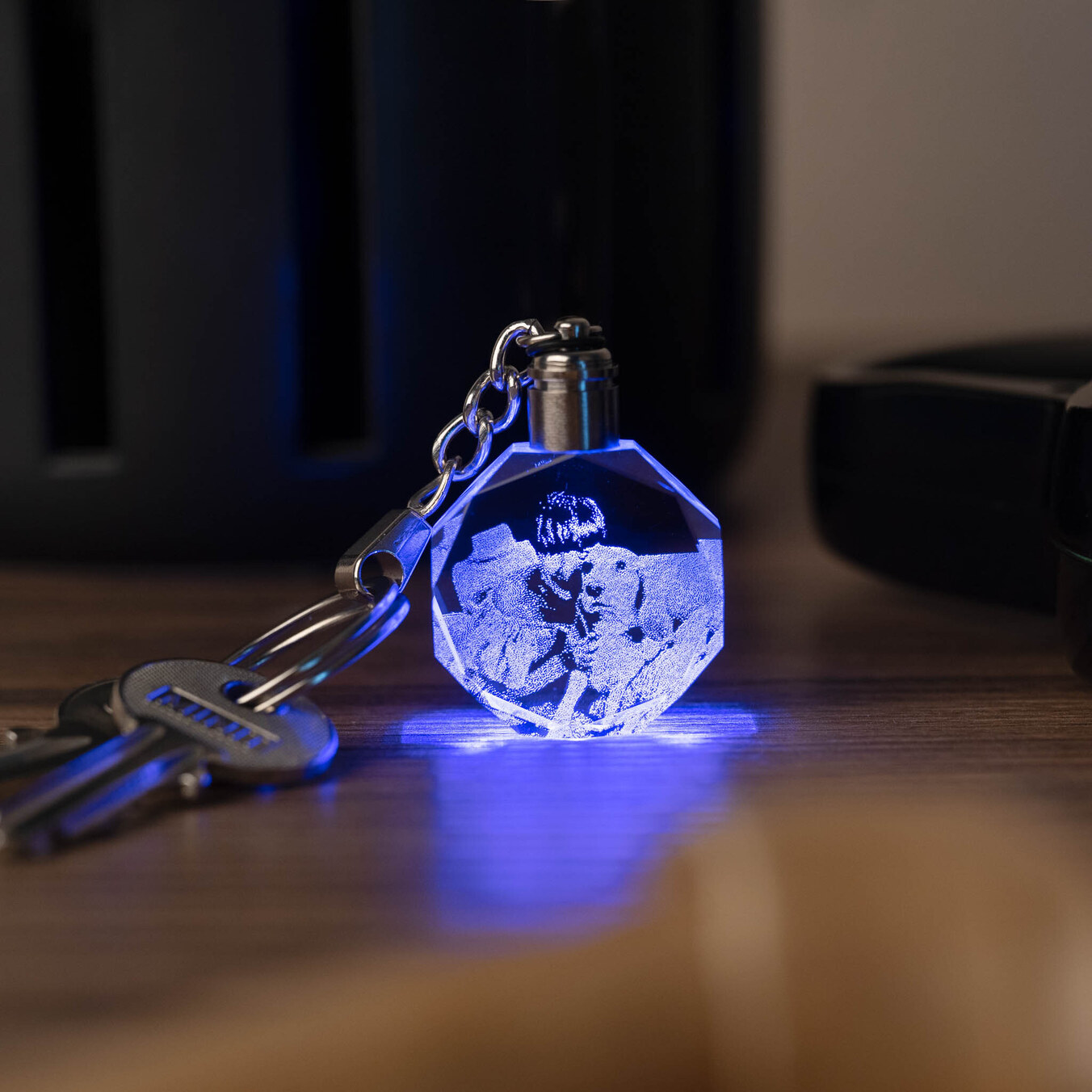 3D glazen sleutelhanger met licht graveren