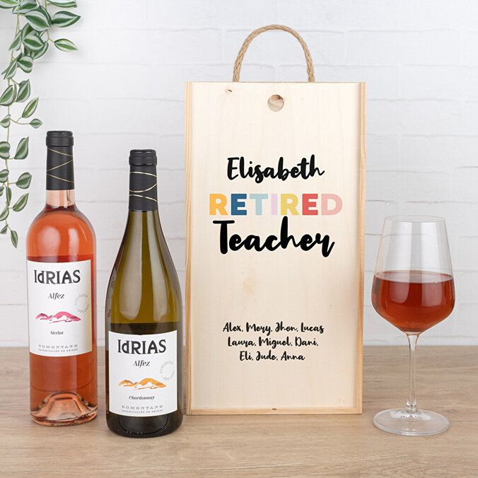 Personalisierte doppelte Weinkiste + 2 Flaschen Wein