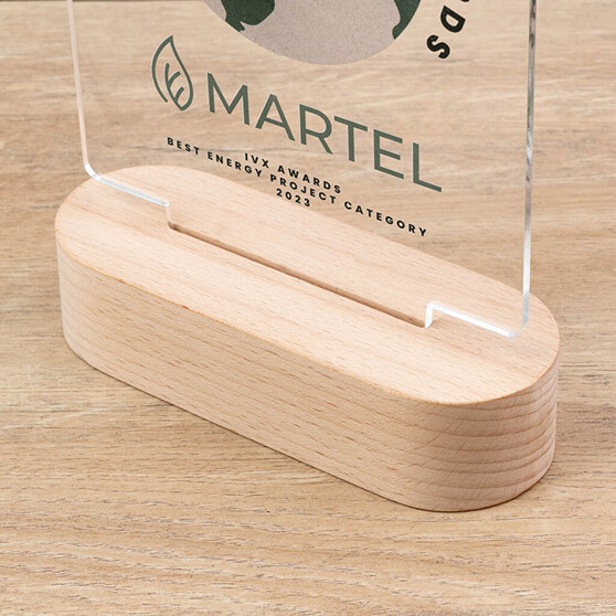Trofee met gepersonaliseerde methacrylaatplaat met houten voet Trofee met gepersonaliseerde methacrylaatplaat met houten voet