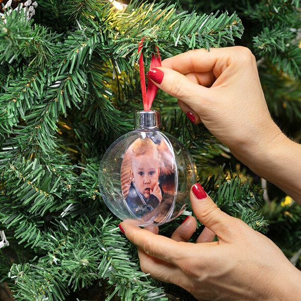 Bolas transparentes com fotos para árvore de Natal