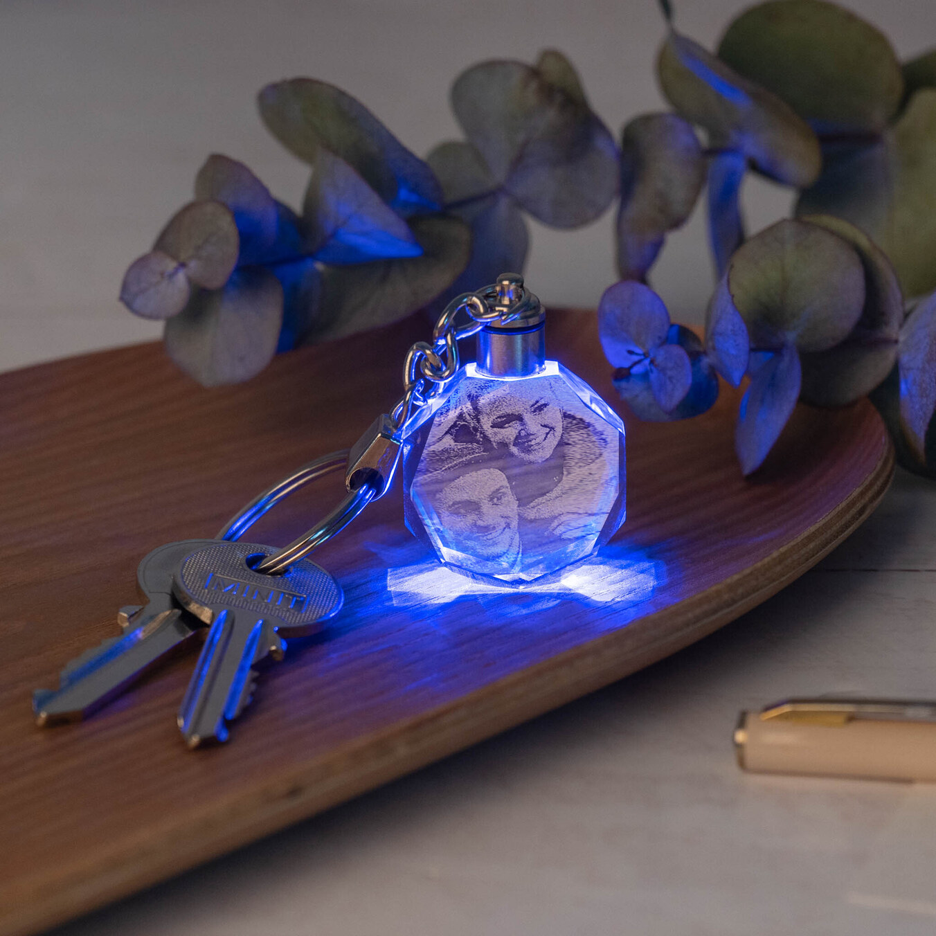 3D glazen sleutelhanger met licht graveren