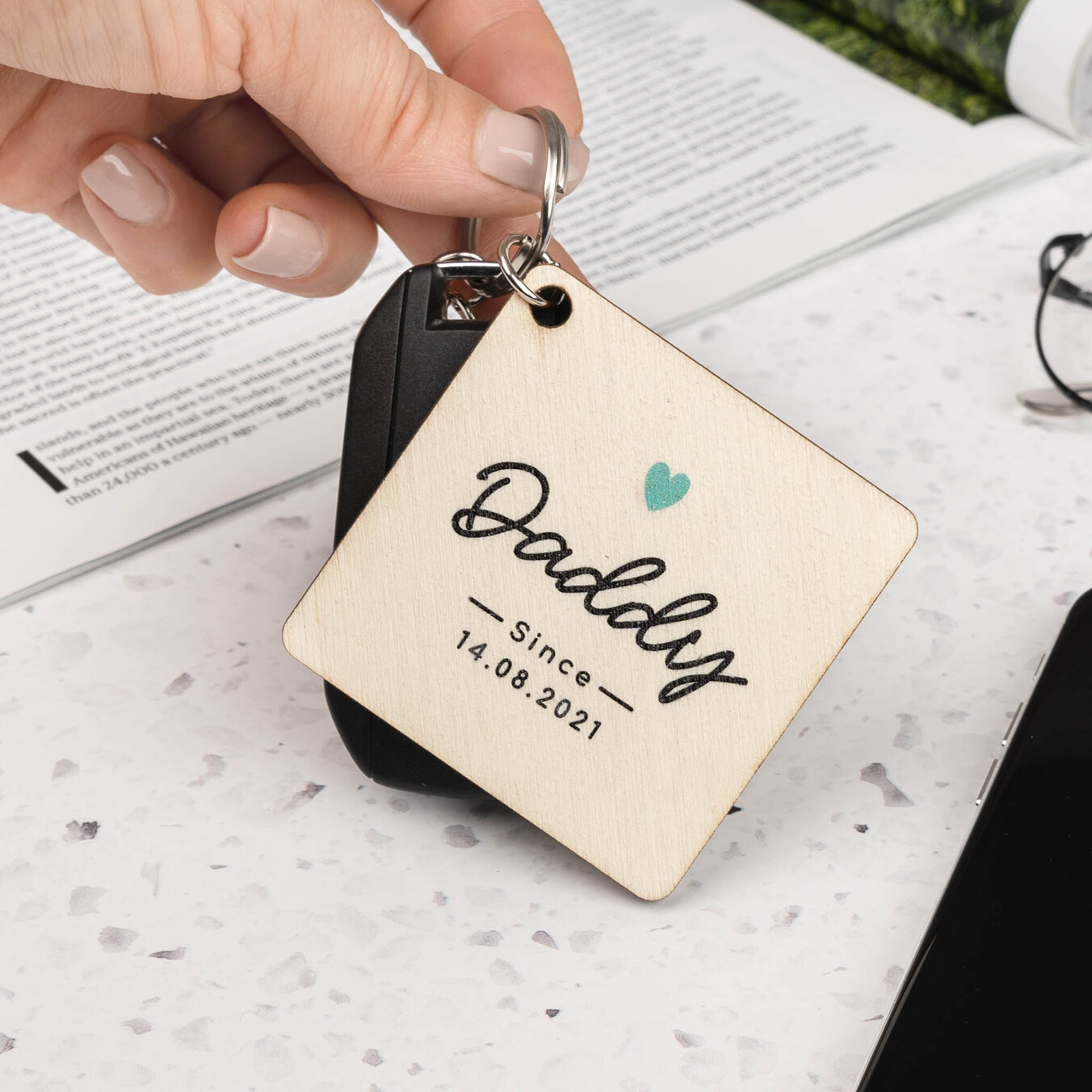 Personalised square shaped wooden keyring