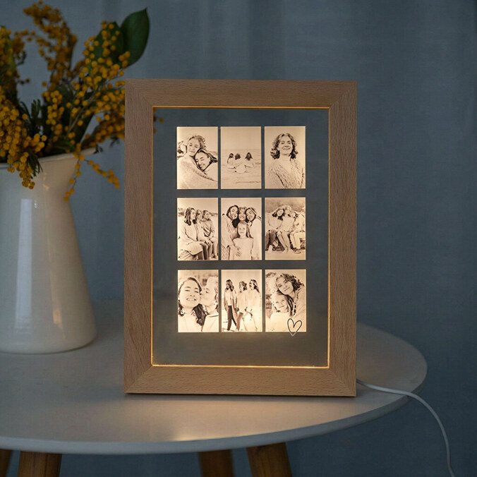 Marco de fotos personalizado luminoso de madera