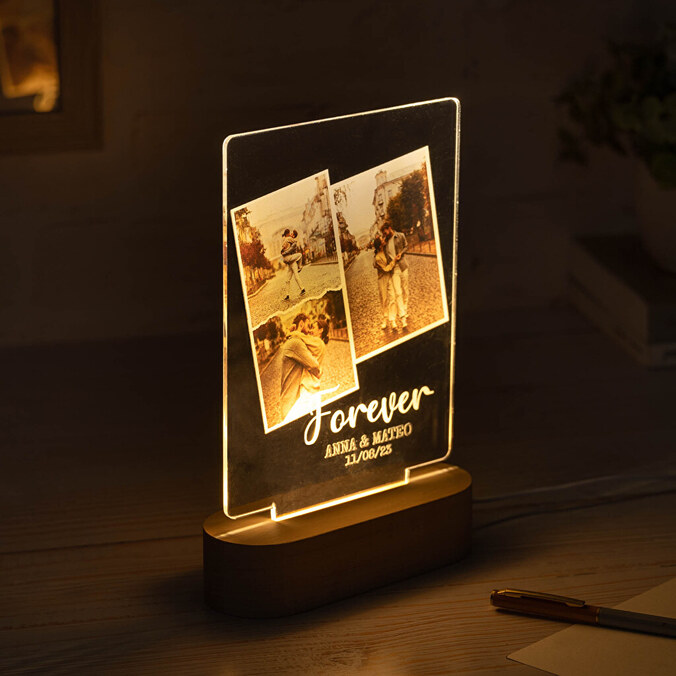 Gepersonaliseerde rechthoekige 3D lamp met houten voet