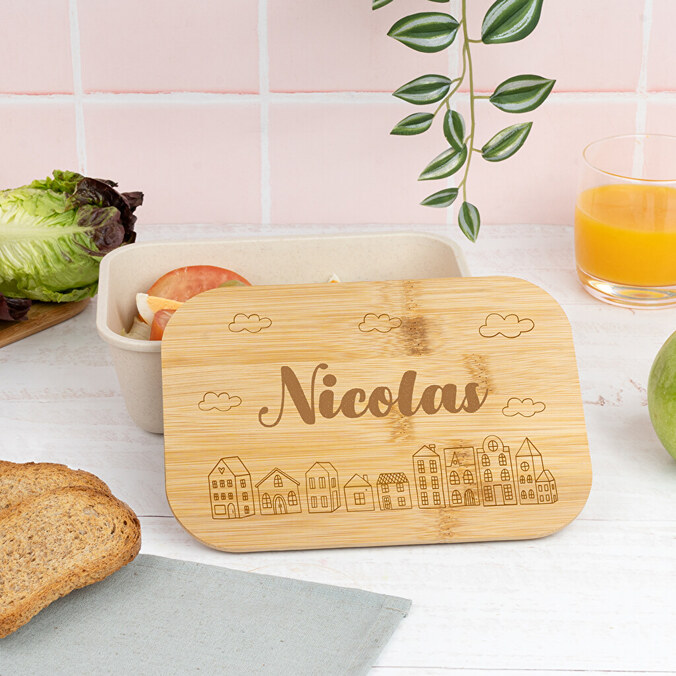 Tupper de plástico personalizado con tapa de bambú