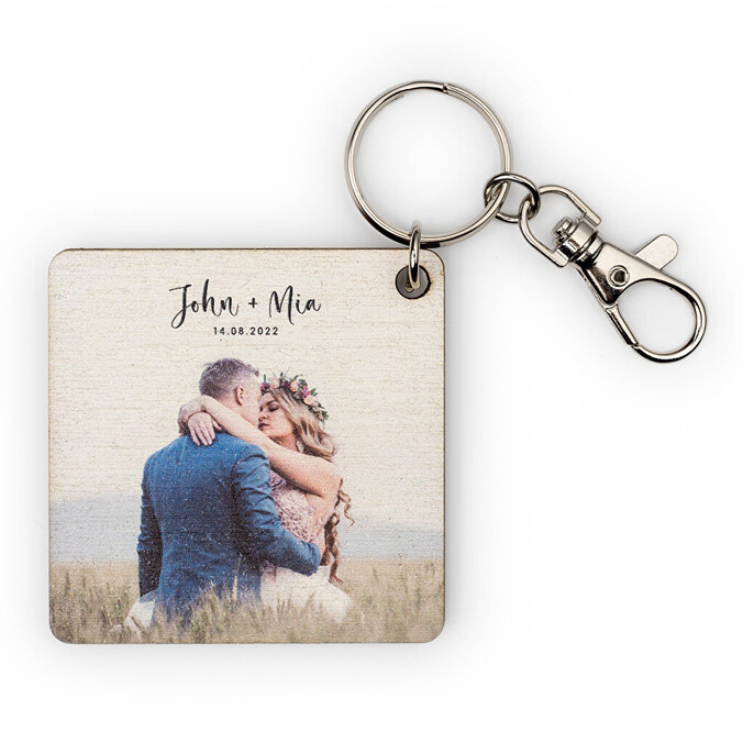 Personalised square shaped wooden keyring