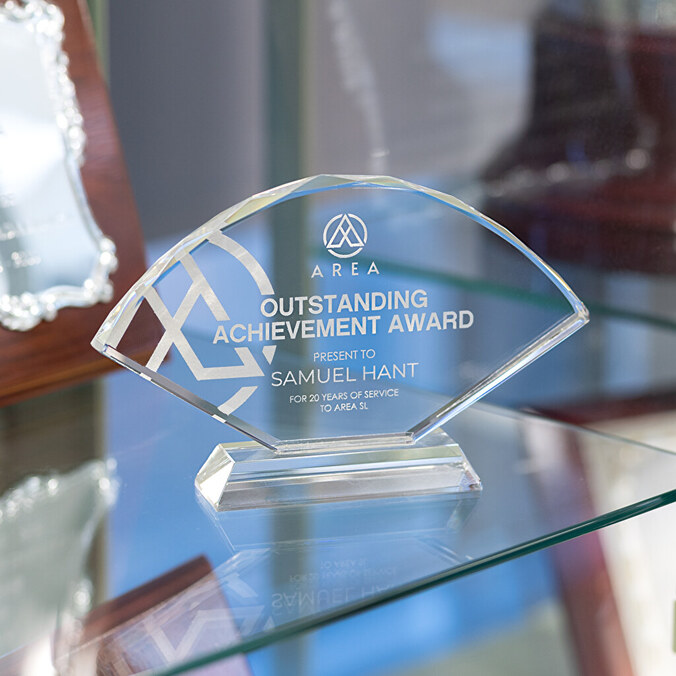 Personalised fan shaped glass trophy plaque