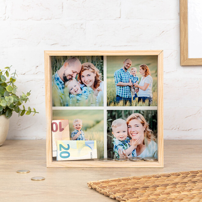 Houten spaarpot bedrukken Houten spaarpot bedrukken