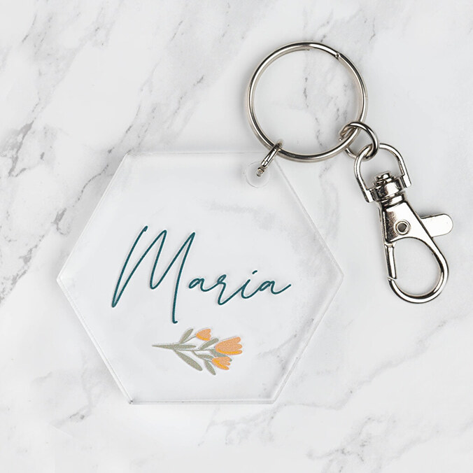 Personalised acrylic keyring with the shape of a hexagon