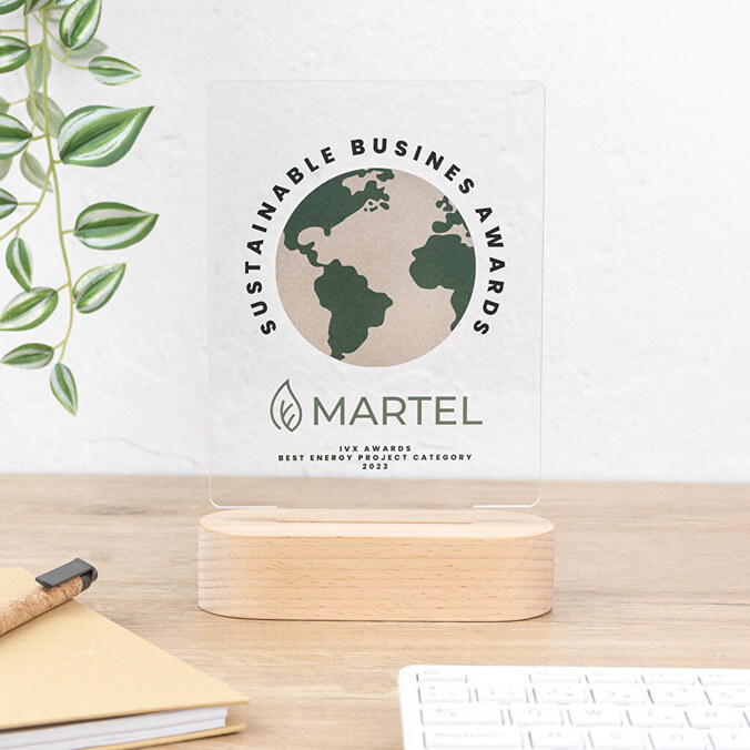 Personalised acrylic trophy with wooden base