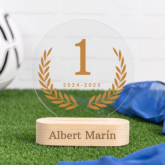 Gepersonaliseerde ronde trofee van methacrylaat met houten voet