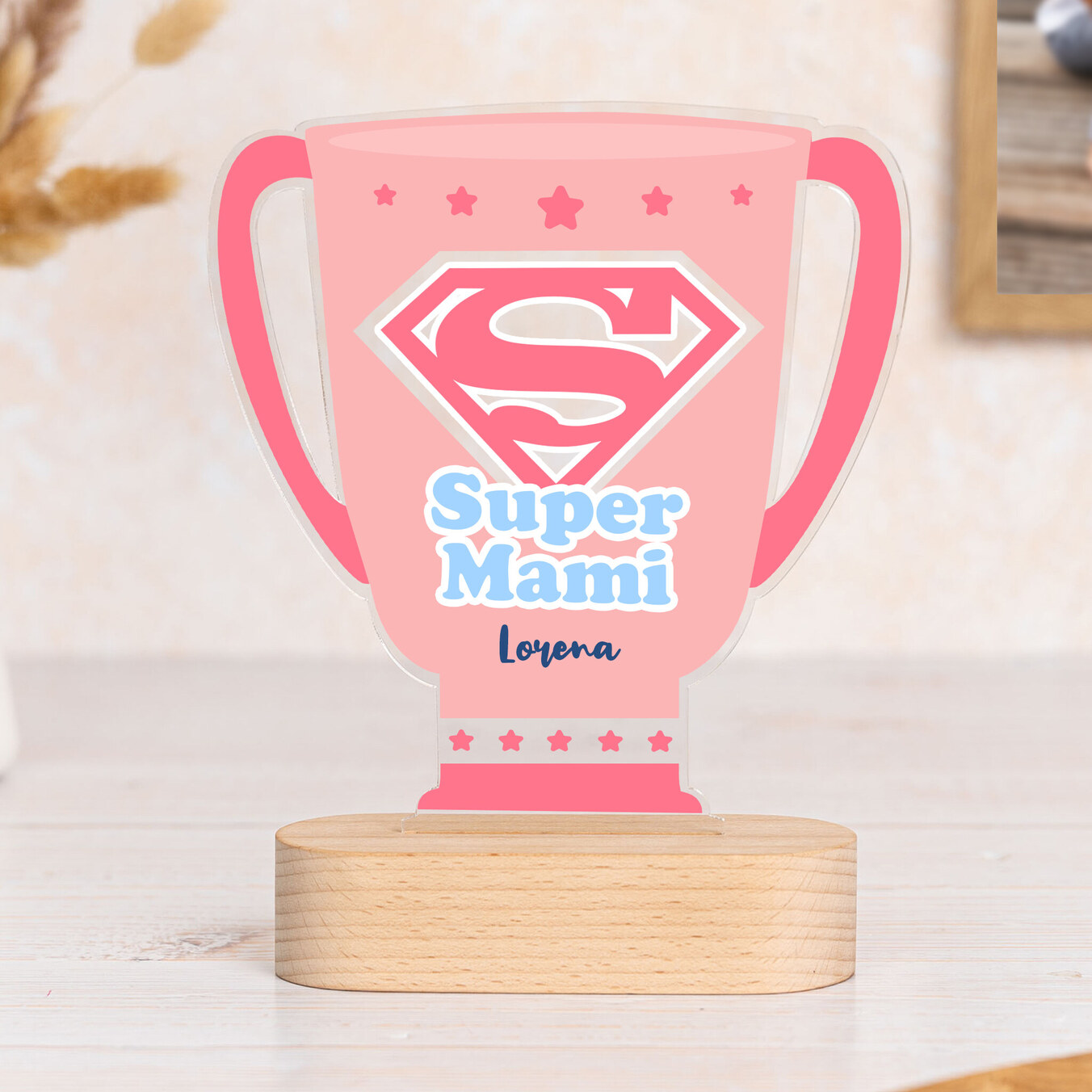 Trofeo de metacrilato copa personalizado con base madera
