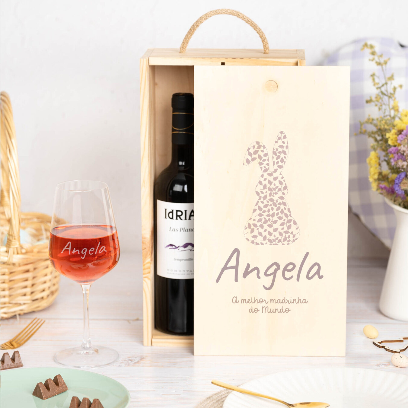 Caixa de madeira personalizada para 2 garrafas