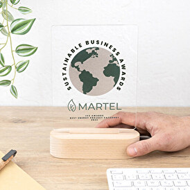 Troféu de metacrilato com base de madeira