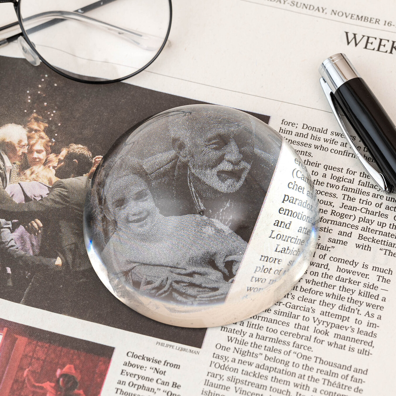 Personalised glass paperweight magnifying glass