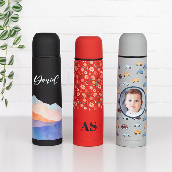 Personalsied thermos flasks with photo or name