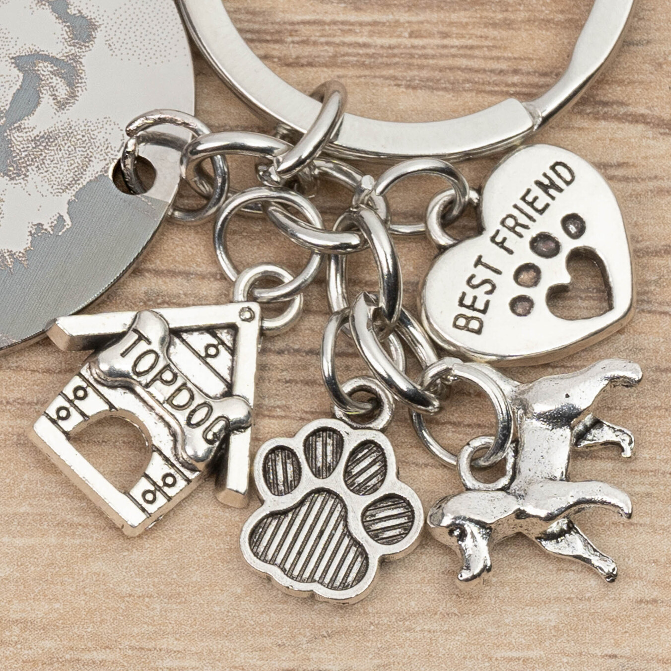 Engraved keyring with dog charms