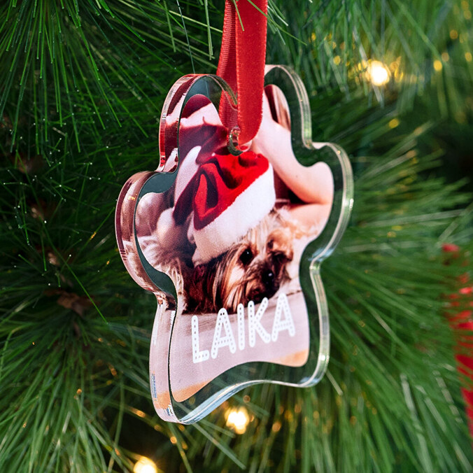 Personalised paw shaped acrylic Christmas ornament