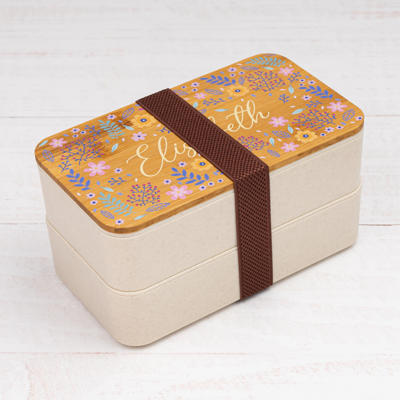 Personalizowany plastikowy lunchbox z bambusową pokrywką, dwupoziomowy