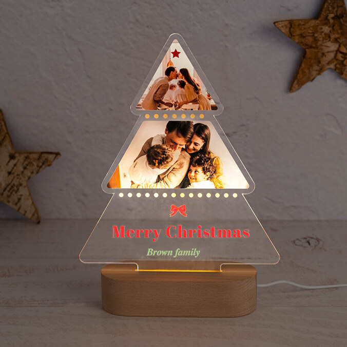 Personalizowana lampa drewniana 3D w kształcie choinki