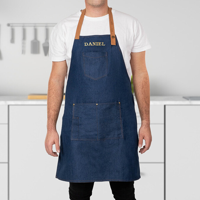 Geborduurd denim keukenschort