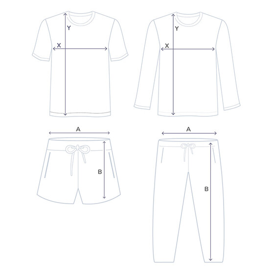 Größentabelle für Oberteil und Hose des Pyjamas