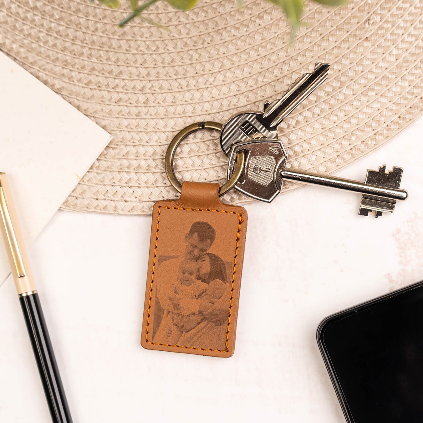 Engraved leather keyring
