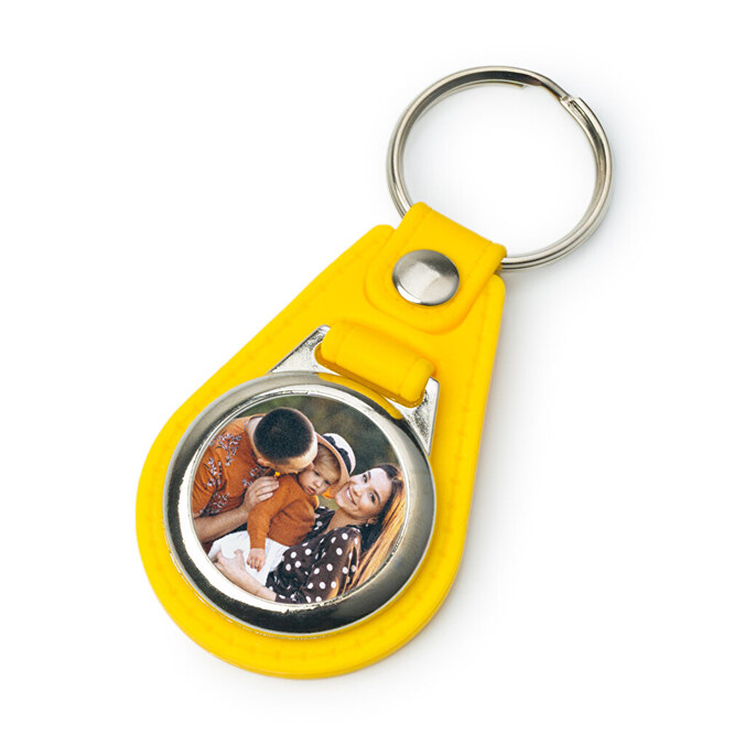 Ronde metalen sleutelhanger met kunstleer bedrukken