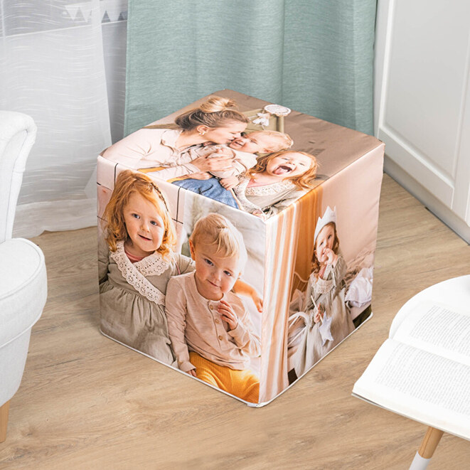 Personlig puf fodskammel med billede Personlig puf fodskammel med billede