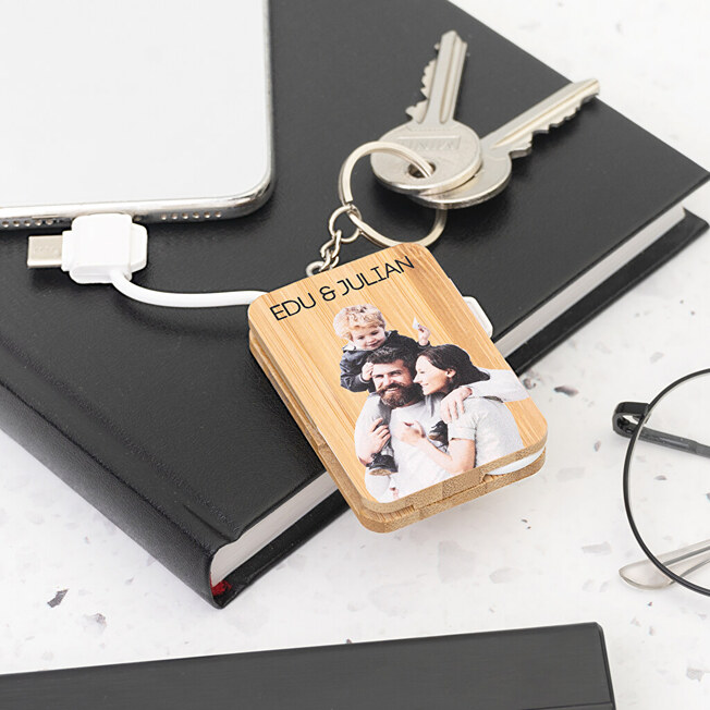 Personalised bamboo key ring charger