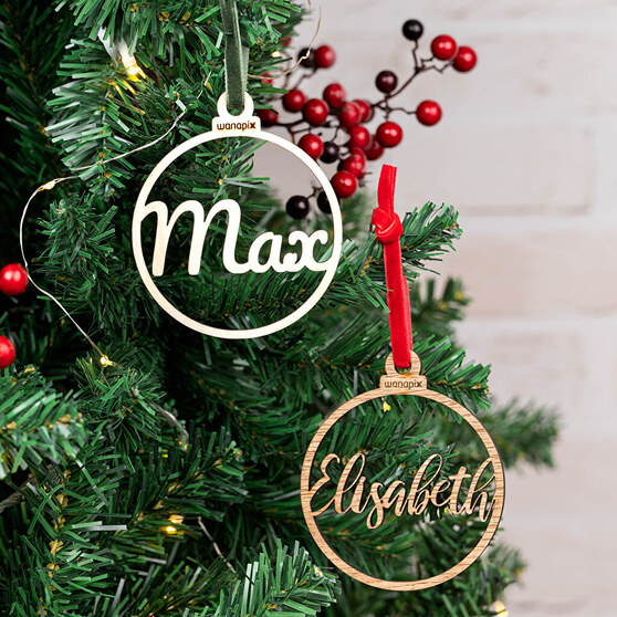 Round Christmas baubles and ornaments with personalised names