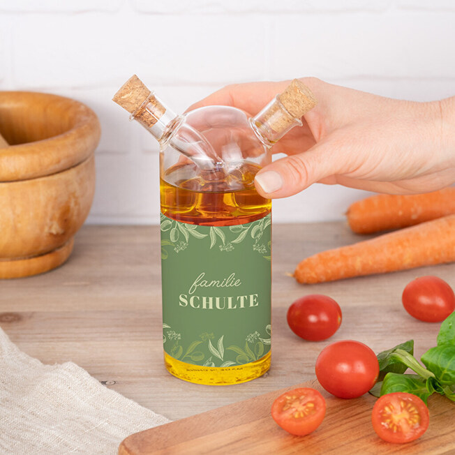 Öl- und Essigflasche in personalisierter Glasflasche Öl- und Essigflasche in personalisierter Glasflasche