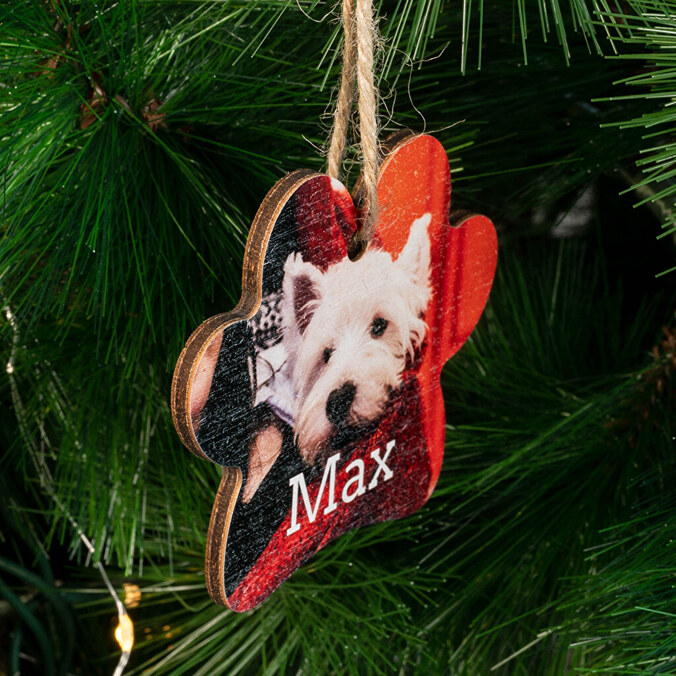 Personalised wooden paw shaped Christmas ornament