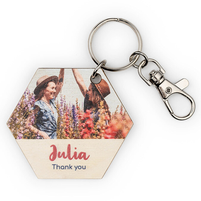 Personoitu puinen kuusikulmainen avaimenperä