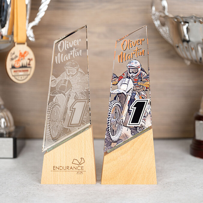 Premium langwerpige glazen trofee gegraveerd