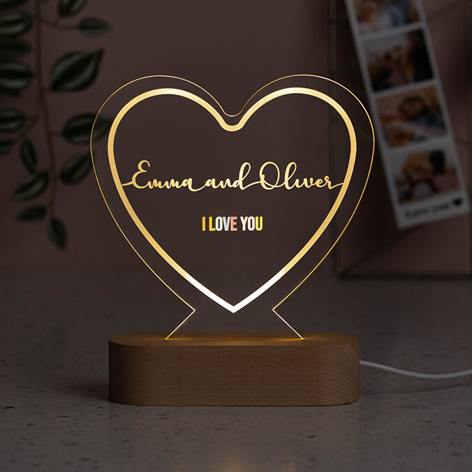 Personalised 3D lamp heart shaped with plastic base