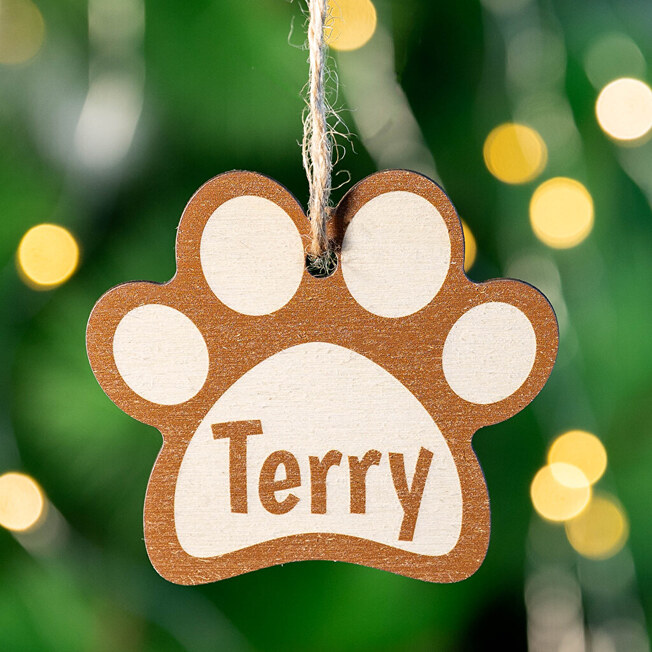 Personalised wooden paw shaped Christmas ornament